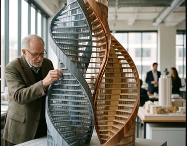 Architect building a double helix building model for new Brand Genome offices.