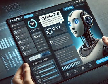 a person holding a tablet with a robot and a text upload PDF on the screen