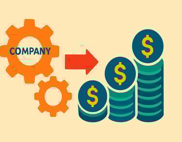 Graphic showing money being paid out from gears (representing a company) to coins