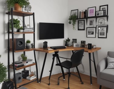 a desk with a computer and a chair