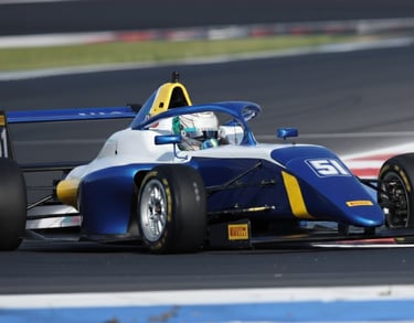 a blue and white formula 4 racing car