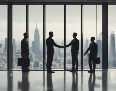 a group of business people shaking hands in a skyscraper office