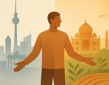 Flat-style square illustration of a human figure connecting Berlin’s modern skyline and India’s natu