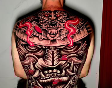 Spiritual Bali tattoo on back of tourist visiting Legian