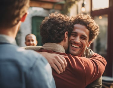 Homens se abraçando e sorrindo em acolhimento