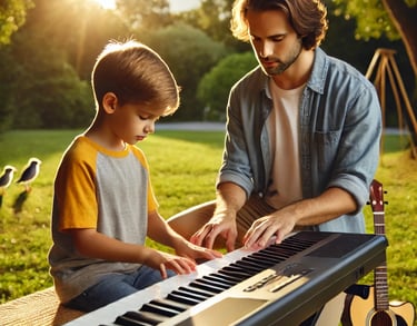 A keyboardist teaches a young boy with autism to play keyboards.