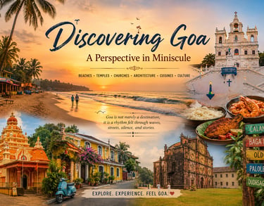 Wide collage of Goa featuring beaches, palm trees, churches, temples etc in miniscule