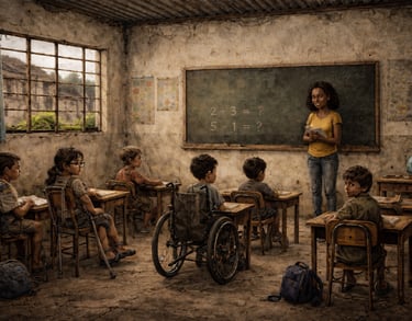 The image depicts the deplorable state of slum classroom