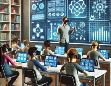 A futuristic classroom where students use tablets, laptops, and VR headsets for interactive learning