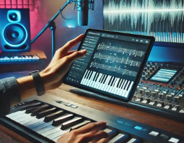 A musician using a digital tablet and a smart keyboard to compose music in a studio.