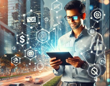 A young professional watches an online business on a tablet.