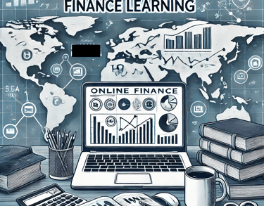 The scene shows a laptop with financial charts and graphs on the screen and textbooks stacked nearby