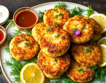 crispy lemon crab cakes with garnish and dipping sauces