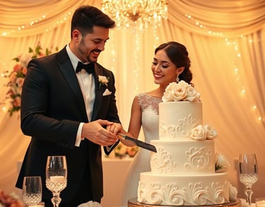 newlyweds cutting their wedding cake