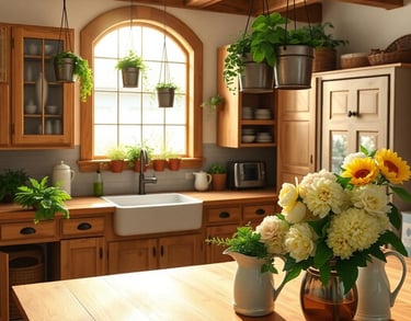 a kitchen with a wooden table and a vase with flowers