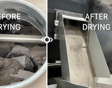 Sludge before and after drying showing moisture reduction and volume shrinkage during sludge drying 