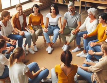 un grupo de personas formando un circulo y practican técnicas de transformación personal con Svitlana Bytka