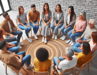 a group of people sitting around a circle of chairs