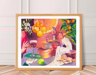 a framed print of a woman drinking a glass of wine
