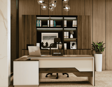 a modern office desk with a desk and a lamp