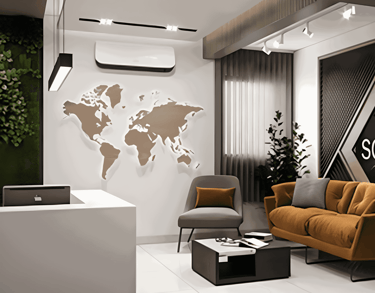 a modern office with a map of the world