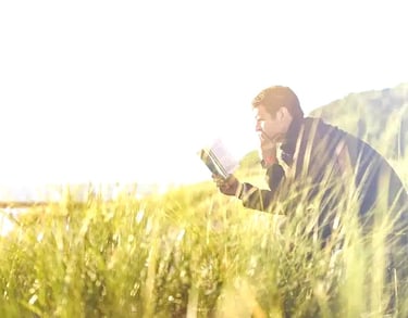 a man sitting on a bench in the grass