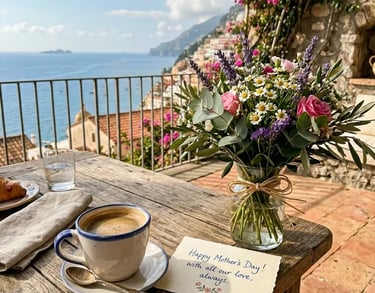 Mother's Day breakfast setup on a wooden terrace table with coffee, a bouquet of spring flowers and a greeting card.