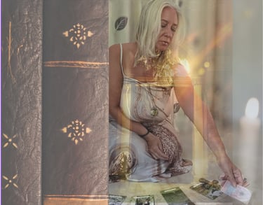 facilitator in ritual setting with tarot and candlelight, mapping the soul’s terrain through symbols