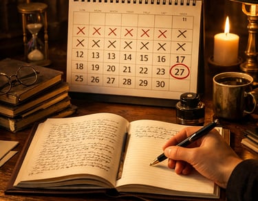 "Mesa de escrita com caderno aberto e mão segurando uma caneta, escrevendo. Ao fundo, um calendário