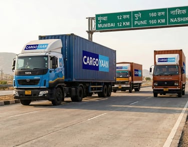 Cargo truck driving on national highway transporting goods from Gurgaon to Mumbai