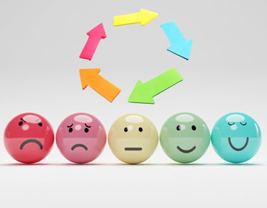 a group of balls with different faces on them