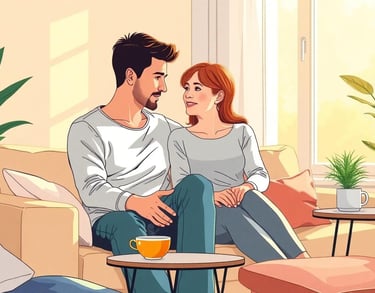 a man and woman sitting on a couch in a living room