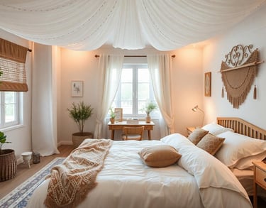 a cozy serene boho bedroom