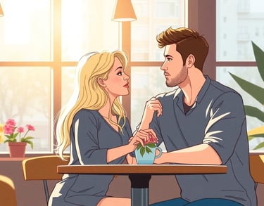 a man and woman sitting at a table in a cafe