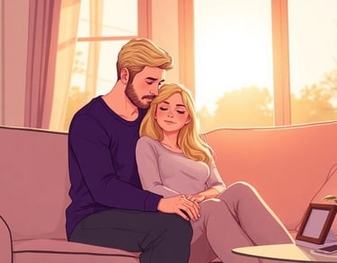 a man and woman sitting on a couch in a living room