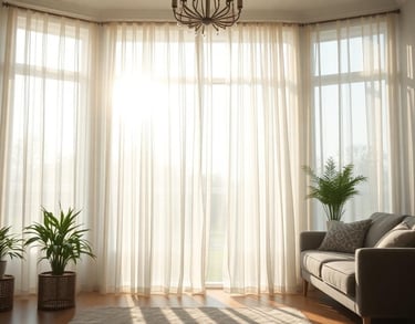 inside of a home with natural light sheer curtians with sunlight flowing in