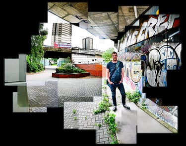 A joiner photo of a man standing next to a wall