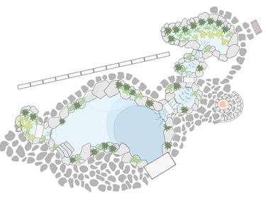 Natural pool site plan with bridge stones, waterfalls, wetland filter & patio fire pit | Aqua Vitae