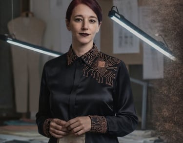 La diseñadora JNAguerri llevando un diseño propio en su taller digital.