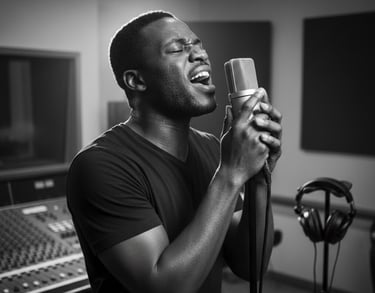 a man singing into a microphone in a recording studio