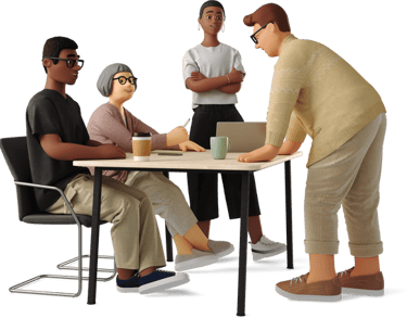 a woman standing in front of a table with a man and a woman sitting at