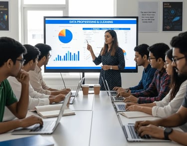 Team reviewing business analytics charts on a large presentation screen in a conference room