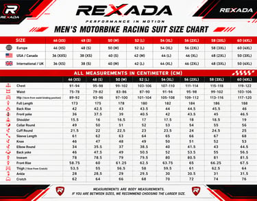 Men Motorcycle leather suit size guide