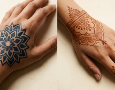 Comparison of a blue mandala hand tattoo and traditional reddish-brown henna body art designs.