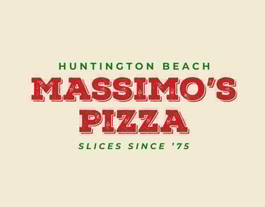Massimo’s Pizza rebrand logo with vintage red lettering, green accents, Huntington Beach tagline.