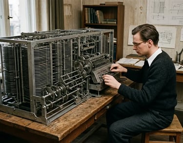 “Homem operando computador vintage, como o Z3 de Konrad Zuse, em laboratório histórico