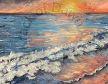 a painting of a painting of a sunset over a beach