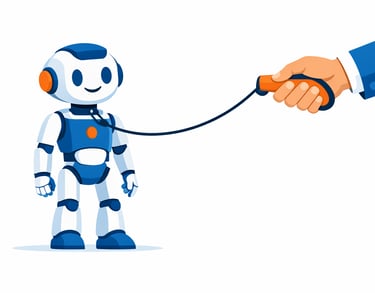 Pequeño simpático robot atado con una correo de perro.