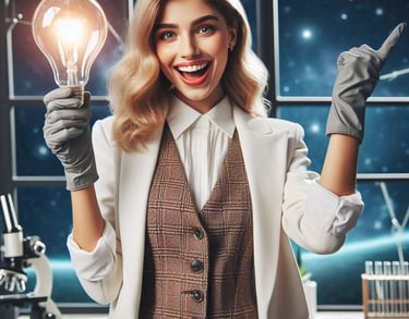 A classy young woman in the lab with a futuristic space view holding a light bulb.