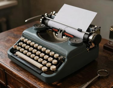 Vintage teal manual typewriter with a blank white sheet of paper on a rustic wooden desk.